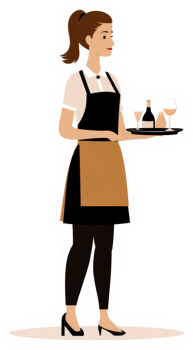 A female server carrying a tray of drinks and bottles in a restaurant. png