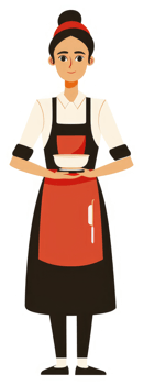 A female chef or waiter, holding a bowl, wearing a red apron. png