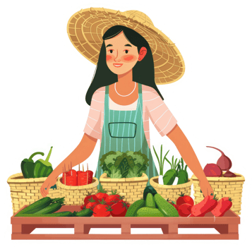 A smiling woman displays fresh produce in woven baskets on a wooden crate. png