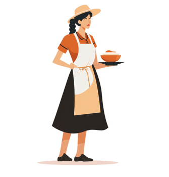 A woman in an apron and straw hat serving food on a tray. png