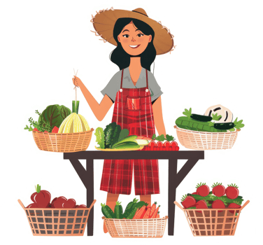 A friendly farmer stands at a table filled with fresh vegetables. png