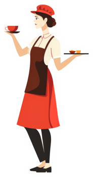 A woman in a red apron and cap, serving food on a tray. png