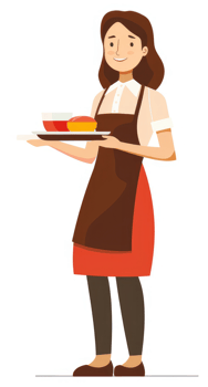 A friendly cafe worker carrying a tray of food and drinks. png