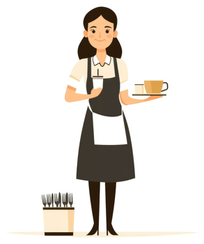 A friendly cafe worker carrying a tray of drinks. png
