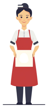 A smiling woman in a red apron holding a blank square. png