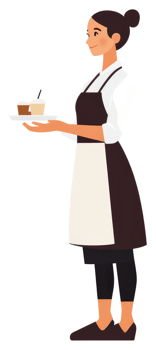 A woman wearing a cafe apron carrying a tray of coffee drinks. png