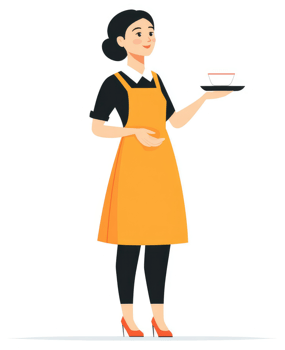 A smiling woman in an orange apron, holding a tray with a cup, depicts a friendly cafe worker. png