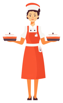A friendly woman in an orange apron, holding trays of dishes. png