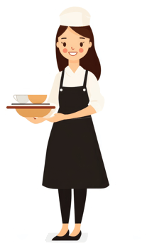 A cheerful cafe worker carrying a tray of drinks. png