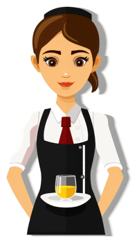 A friendly waitress holding a tray with a drink. png