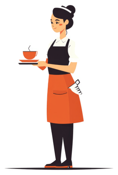 A friendly cafe worker carrying a tray of coffee. png