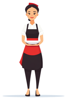 A friendly female server holding a dish. png