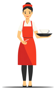 A friendly female server holding a tray with drinks and food. png