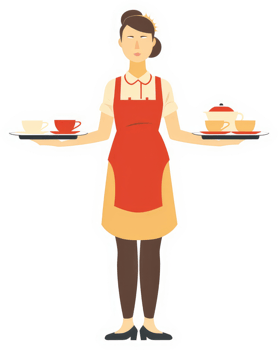 A woman in a red apron serving tea on trays. png