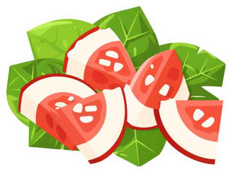 Sliced red fruit salad with fresh green leaves png