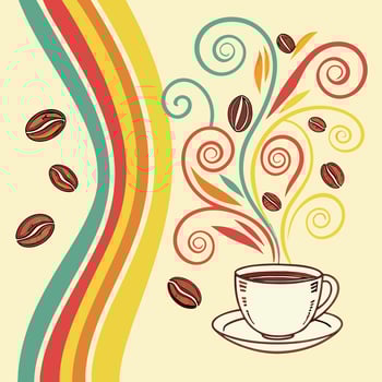 Retro Coffee Cup Illustration Colorful Vintage Design with Rainbow Stripes and Coffee Beans. vector