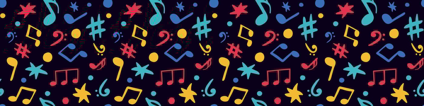 seamless music notes pattern on black background, colorful cartoon melody and rhythm symbols for party invitation, night concert, wrapping paper or kids design vector