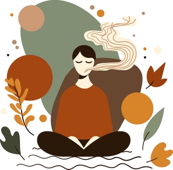 minimalist autumn meditation illustration, simple breathing practice yoga element, relaxation nature connection concept, earthy tones, abstract shapes leaves, mindful wellness design vector