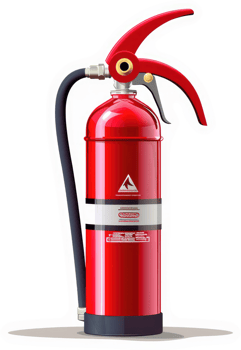 A red fire extinguisher, with a nozzle and handle, designed for fire safety. png