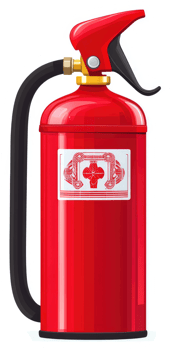 A red fire extinguisher with a safety label. png