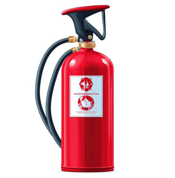 A red fire extinguisher with safety label and nozzle. png