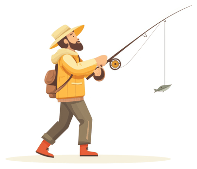A man in warm clothing fishes with a rod. png
