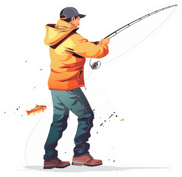 A man in an orange jacket fishes with a long rod. png
