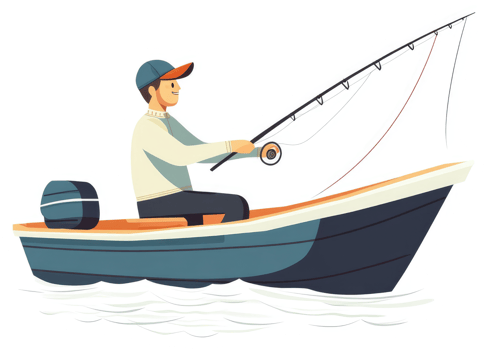 A man fishing from a small motorboat on calm water. png