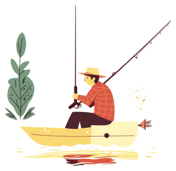 A man fishing from a small boat on a tranquil water body. png