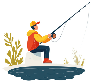 A man sits on a riverbank, fishing with a rod and reel. png