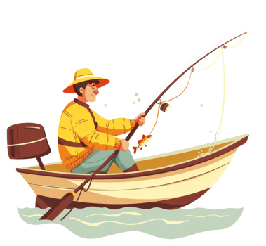 A man fishing in a small boat on a tranquil water body. png