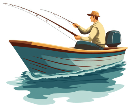 A man fishing in a small motorboat on a tranquil water body. png