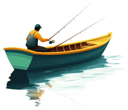A man fishing from a small, colorful rowboat on calm water. png