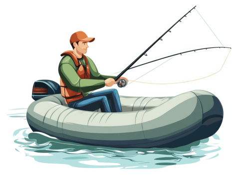 A man fishing from a motorized inflatable boat. png