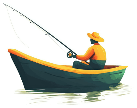 A man fishing in a small boat on calm water. png