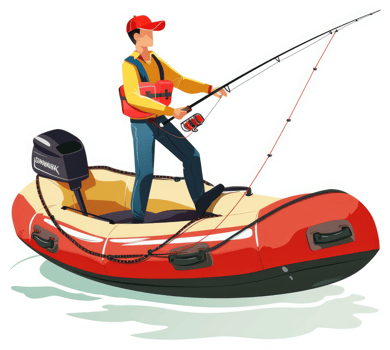 A man fishing from an inflatable boat with a motor. png