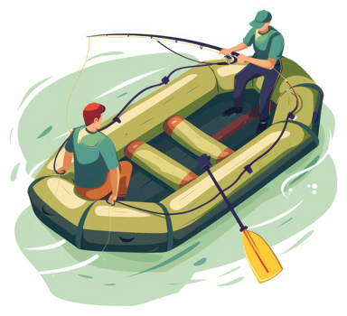Two men fishing from an inflatable raft on a body of water. png