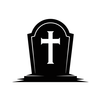 A black silhouette of a gravestone with a prominent white cross in the center. cutouts png
