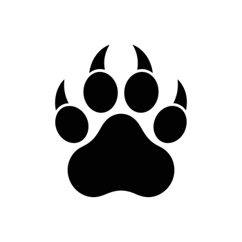 A bold black paw print with four distinct toes and a central pad cutouts png