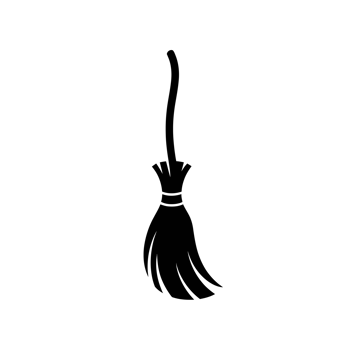 A simple black silhouette of a broom with a curved handle and bristles tied together is depicted. cutouts png