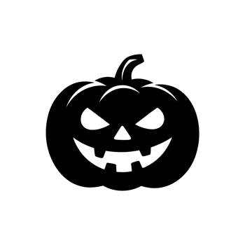 A bold, black silhouette of a jack-o'-lantern features a sinister grin and slightly narrowed eyes, set cutouts png