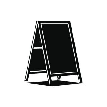 A black silhouette of an A-frame sandwich board sign stands against a plain background cutouts png