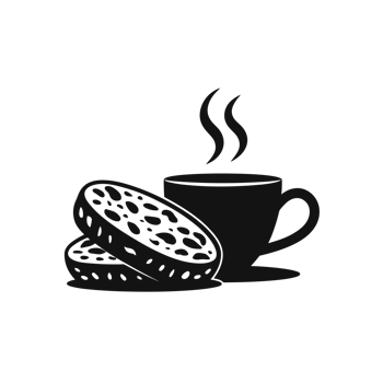A steaming cup of coffee sits next to two sliced crumpets cutouts png