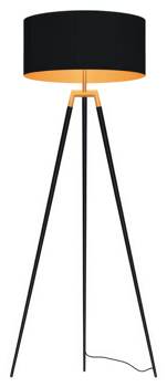 Modern black and gold tripod floor lamp with a round shade. png