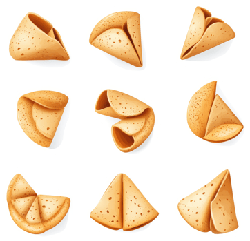 Assorted fortune cookies in various configurations. png