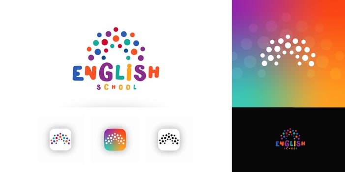 Colorful English school logo for kids. Fun vibrant lettering with rainbow dots for preschool, language classes, learning app, early education brand. Playful logotype. vector