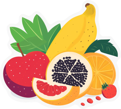 A vibrant arrangement of colorful fruits, including bananas, apples, oranges, papayas, strawberries, and grapefruits. png