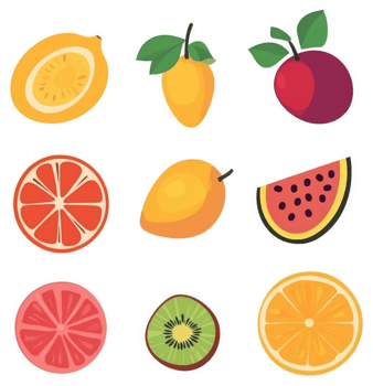 A colorful assortment of fresh fruit slices and whole fruits. png