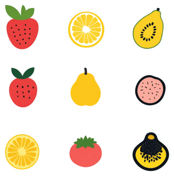 Colorful illustrations of various fresh fruits in slices and whole forms. png