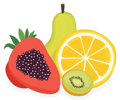 A vibrant assortment of fresh fruits including papaya, pear, orange, and kiwi. png